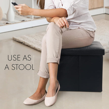Storage Ottoman, Foldable Foot Rest Stool, 13X12X12 Inches Small Leather Bench with Storage, Holds up to 260 Lb, for Living Room, Bedroom, Dorm, Black