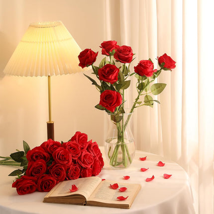 40PCS Red Roses Artificial Flowers - Long Stem Fake Roses Bouquet Silk Red Flowers Artificial Rose for Wedding Centerpiece Home Decor & Valentines Floral Arrangement