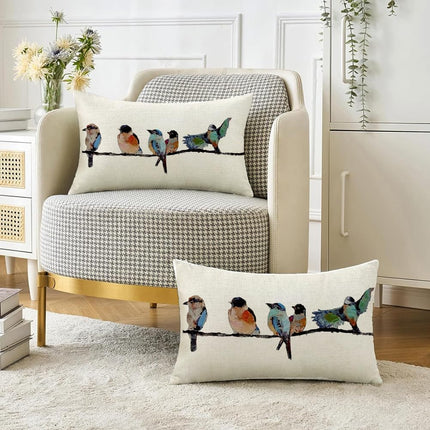 12X20 Lumbar Pillow Decorative Throw Pillows,Small Hand-Painted Outdoor Birds Pillowcases,Spring Summer Pillows Decorative Throw Cushion Covers Linen for Couch Sofa Teal Blue
