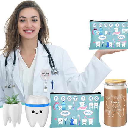 6 Pcs Nurse Week Appreciation Gifts Dentist Hygienist Gifts 16 Oz Glass Cups with Lid Makeup Bag Socks Badge Holder Tooth Brush Pot for Women Doctor Nurse Appreciation Accessories(Blue)